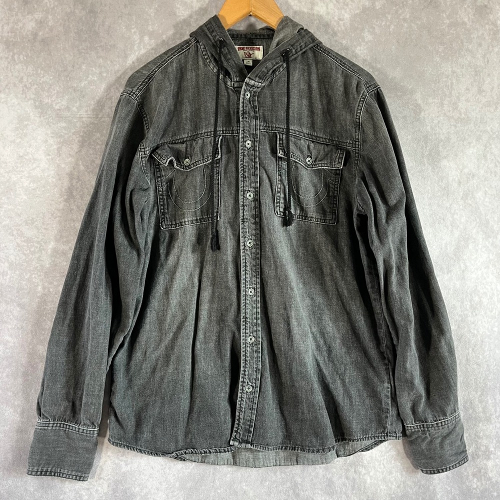 True Religion Hooded Denim Shirt Womens Large Black Grey Utility Button Down